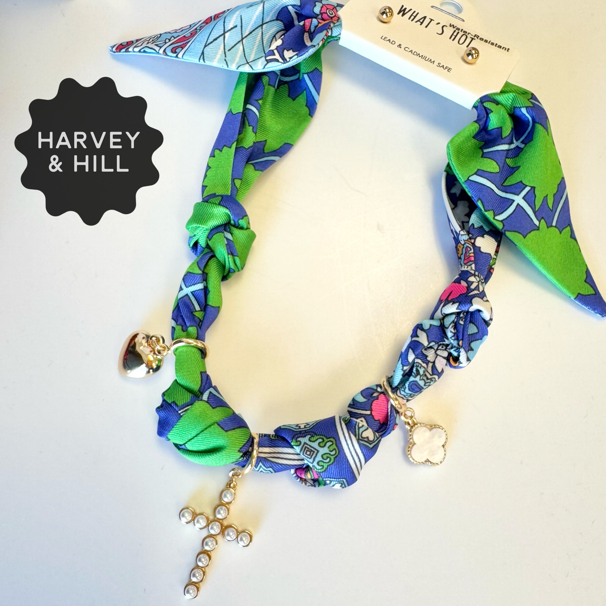 Knotted blue, pink, and green scarf necklace with earrings