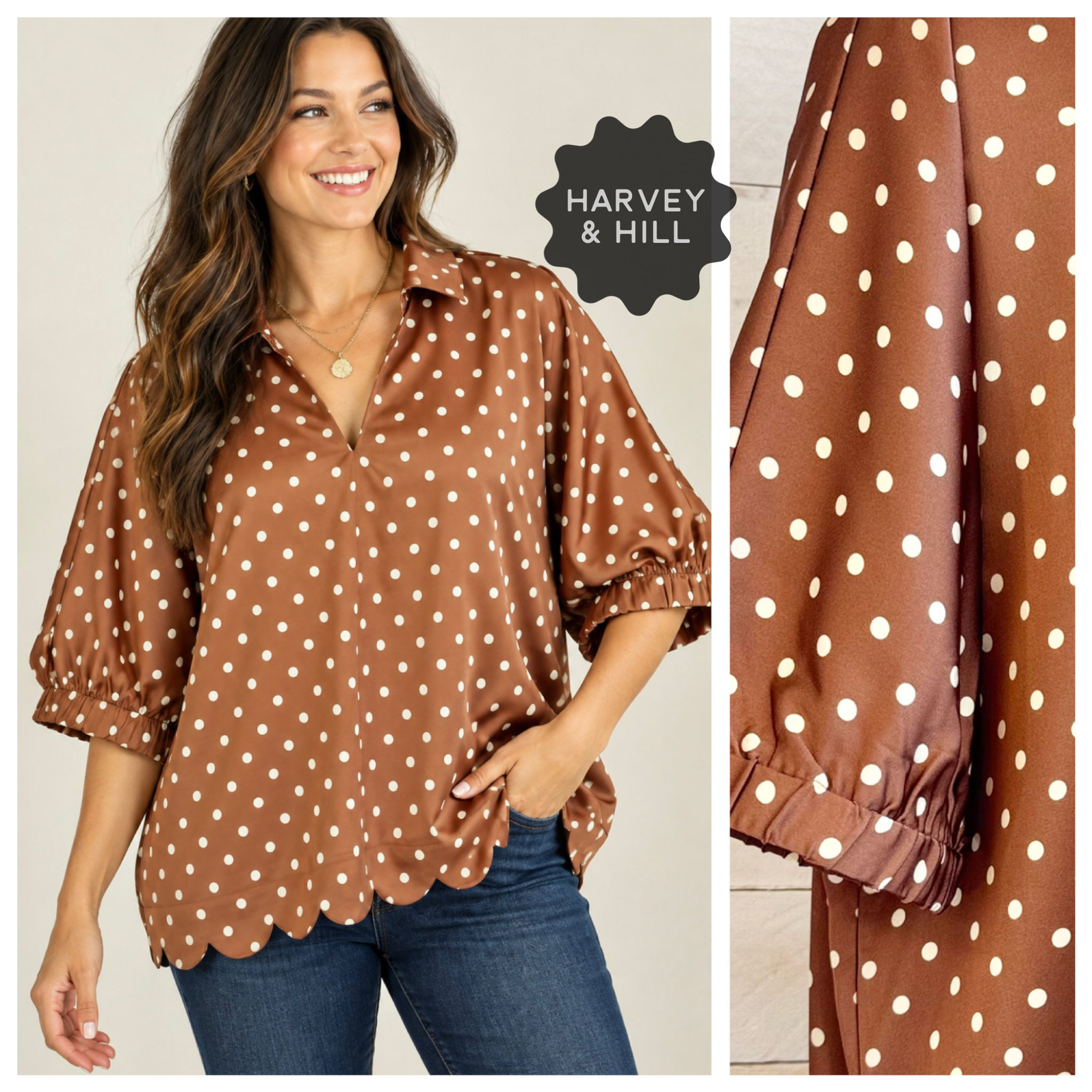 Caramel Brown Satin Scallop Hem Wedge Top
