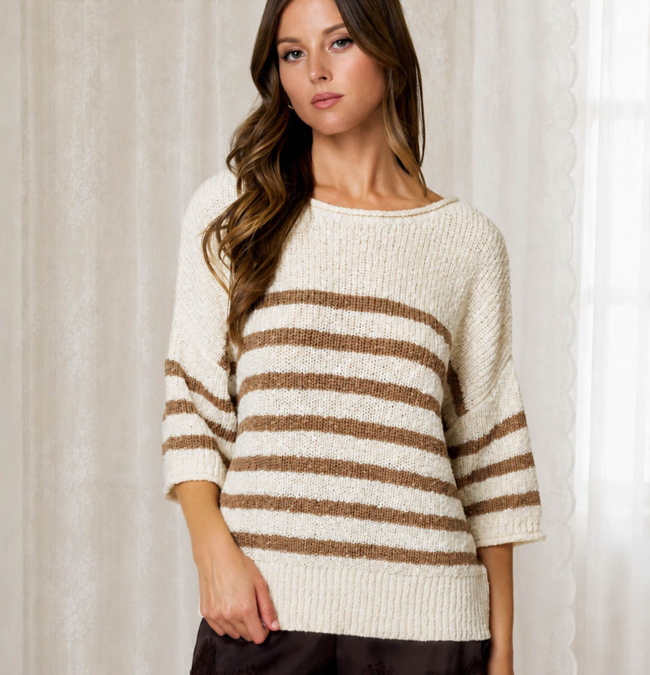 Butterscotch Stripe Three-Qtr Sleeve Off-White Sweater