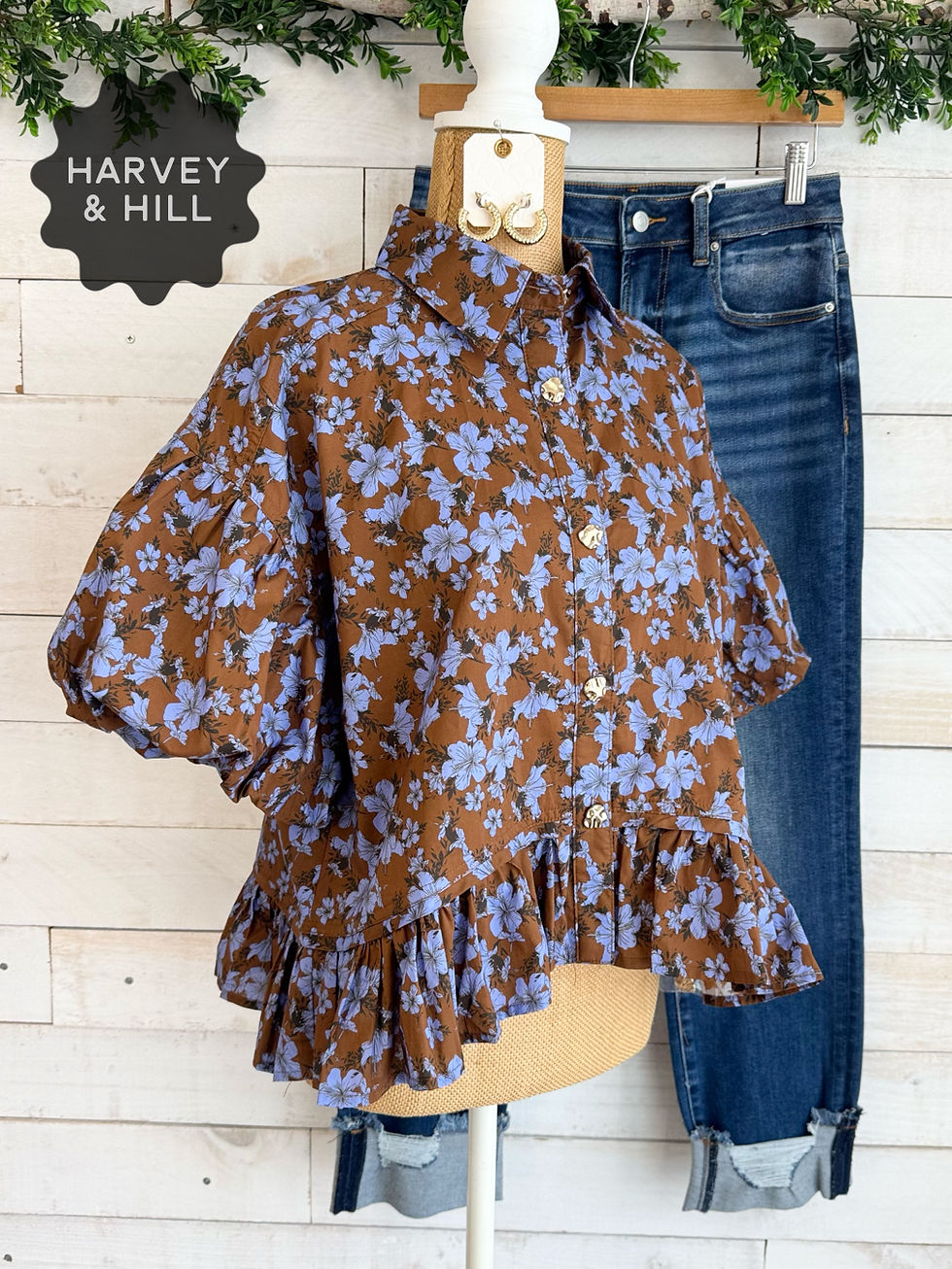 Thumbnail: Chocolate and Lilac Floral Cotton Peplum Shirt