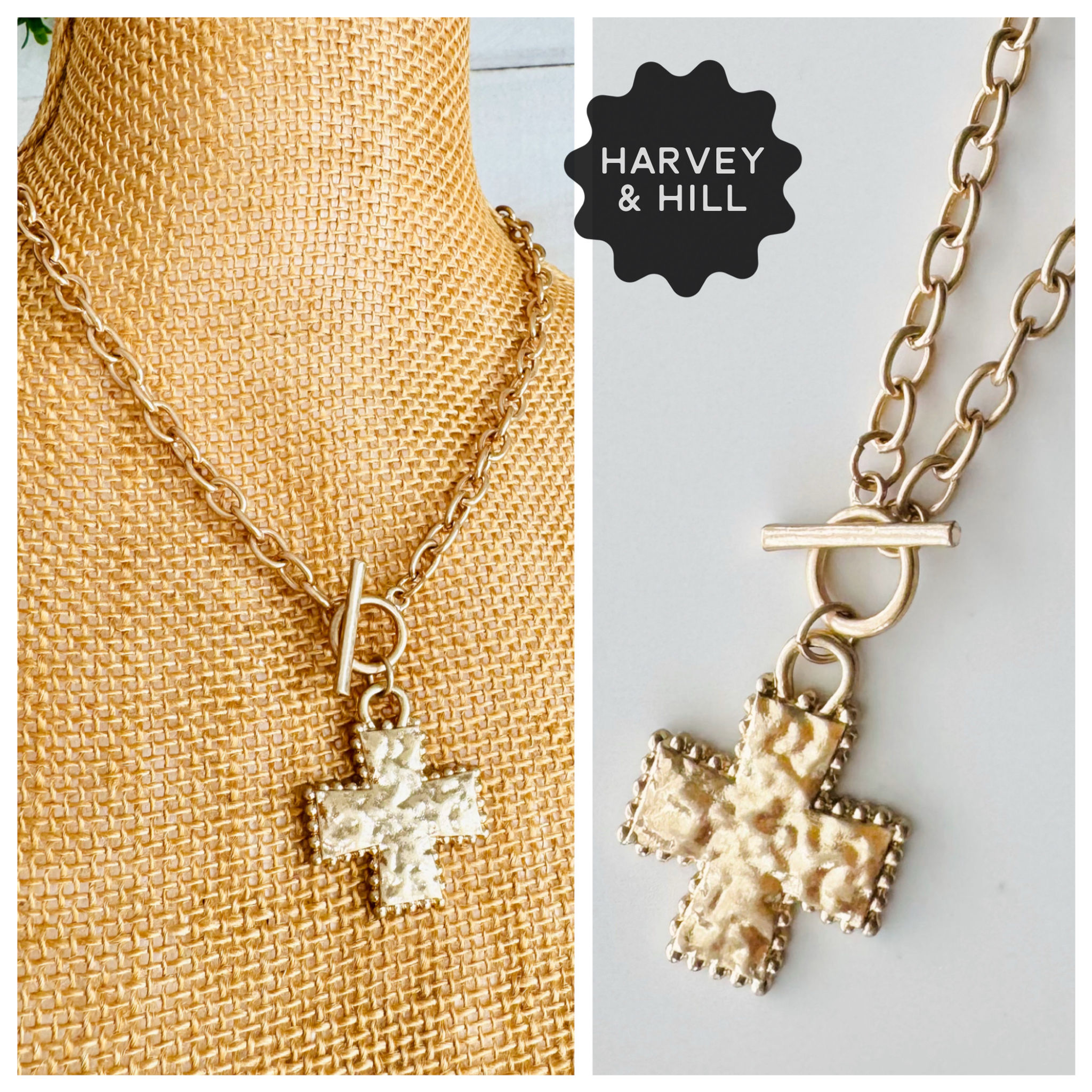 Scalloped Dot Trim Hammered Cross Necklaces