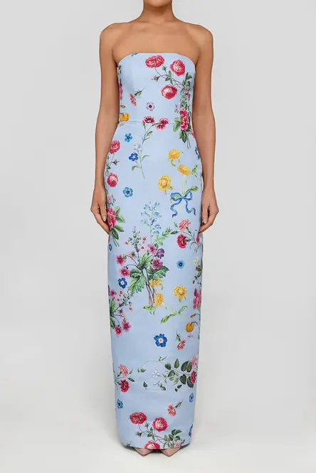 Elizabeth Sky Floral Silk Faille Column Gown