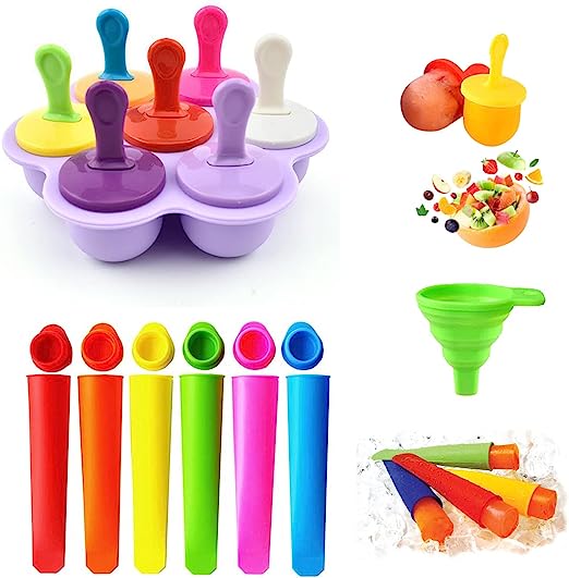 6PCS Silicone Ice Pop Molds, 7.8×1.57 inch,Reusable Popsicle Molds for Kids Attached Lid,Ice Pop Maker with Clean Brush Durable Reusable as Snack Bags Set