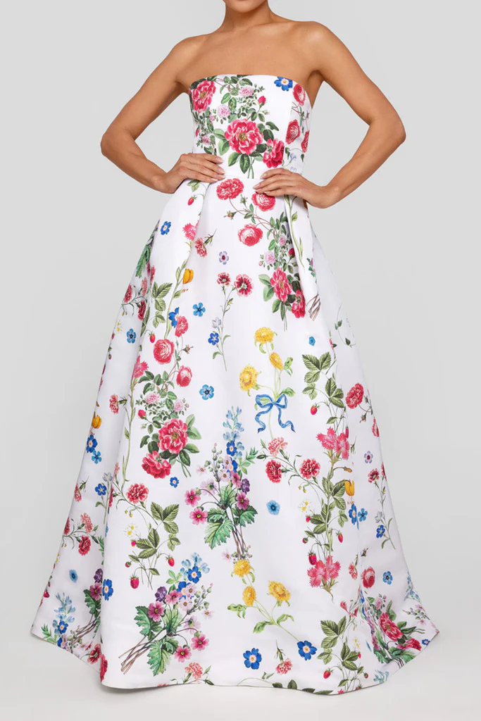 Over The Moon Stephanie Sky Floral Silk Faille Ball Gown