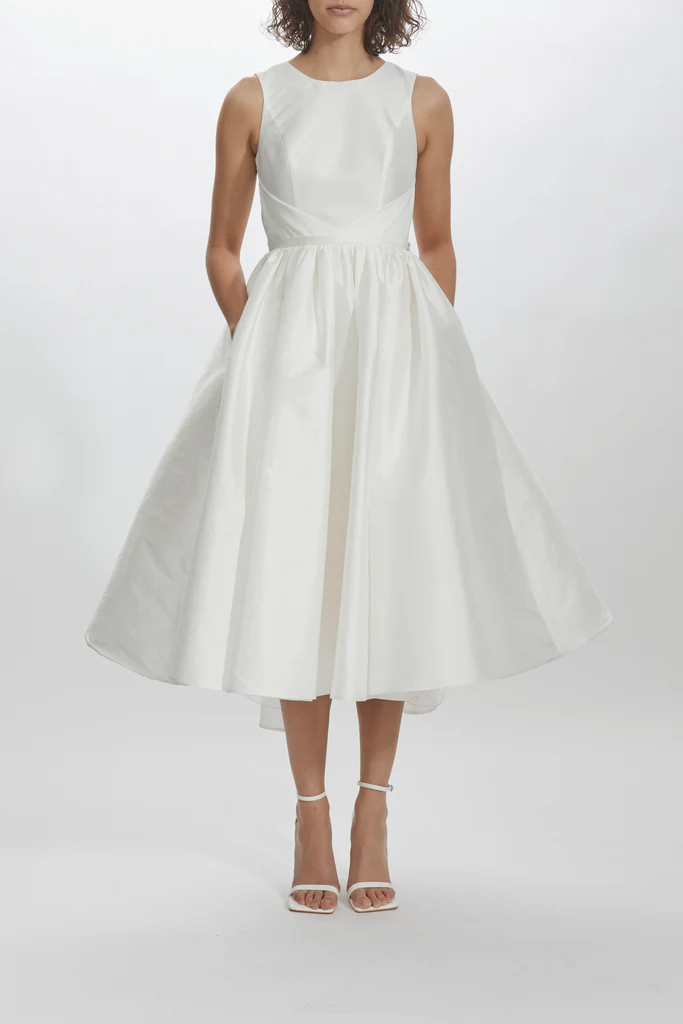 Over The Moon Taffeta Boat Neck Gathered Waist Dress