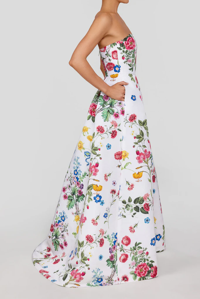 Over The Moon Stephanie Sky Floral Silk Faille Ball Gown