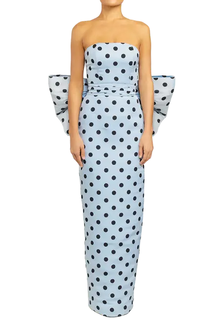 Over The Moon
Strapless Polka Dot Silk Faille Column Gown with Bow