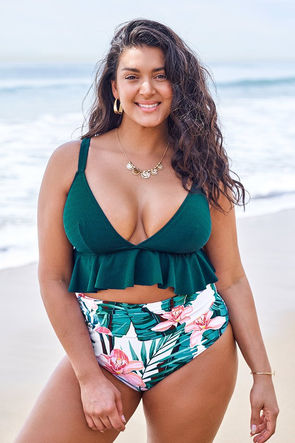 Green and Floral Ruffle Plus cupshe.com one piece beachwear swimwear plus size curve