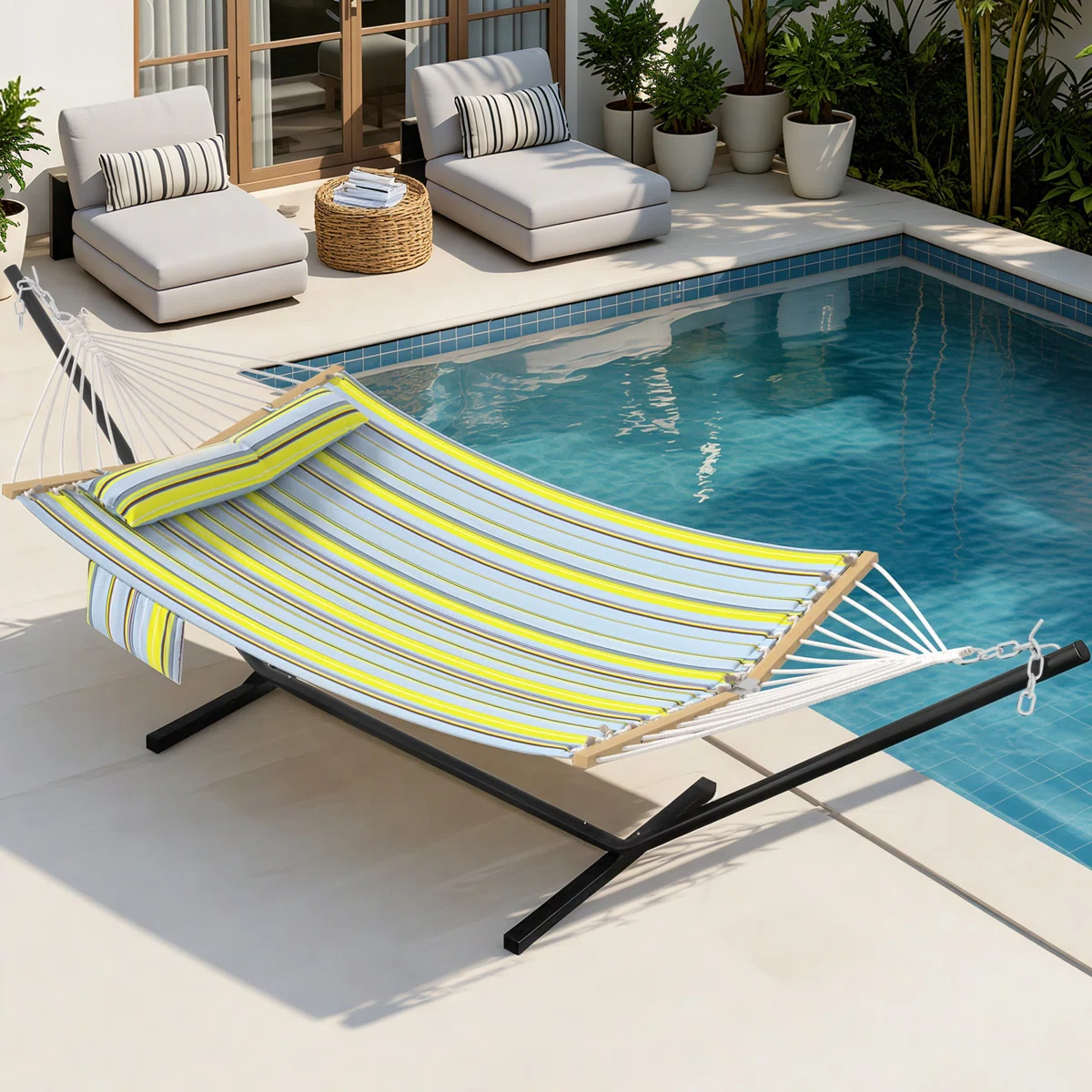 Portable Outdoor Hammock with Stand Stable Anti Tip Durable Rope for Camping Backyard Beach Pool