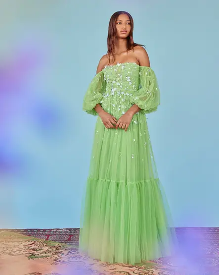 Over The Moon
Priyanka Gown in Parakeet Tulle with Sporadic Sequins