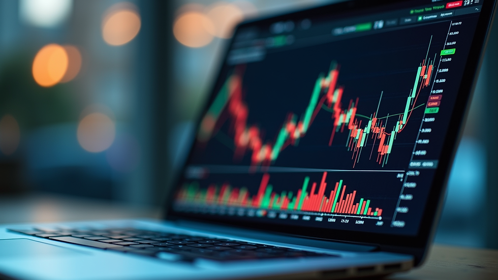 Eye-level view of a laptop screen showing stock market graphs