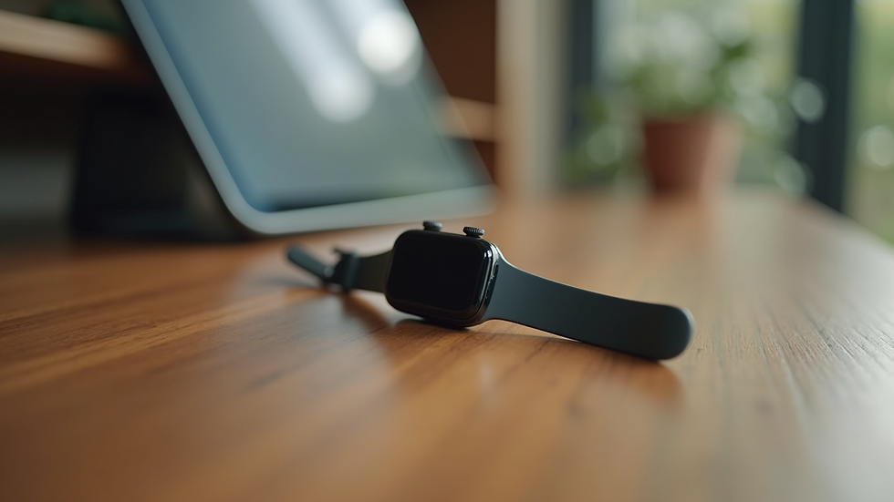 Eye-level view of a smart wearable device on a wooden surface