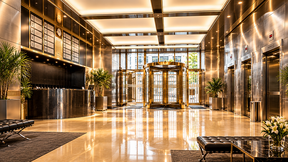 Hall y recepción del Edificio COMEGA — imagen institucional mejorada