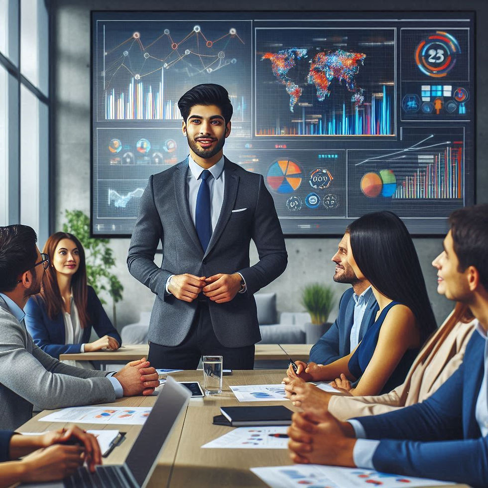 Cómo Presentar tu Proyecto a Inversores: Estructura y Modalidades de un Gran Pitch - Emprendedor presentando su proyecto a un grupo de inversores atentos en una sala de conferencias, destacando gráficos y estadísticas clave en la pantalla. Reunión de negocios con interacción dinámica y evaluación de documentos. Captura el entusiasmo y la pasión del emprendedor durante el pitch.