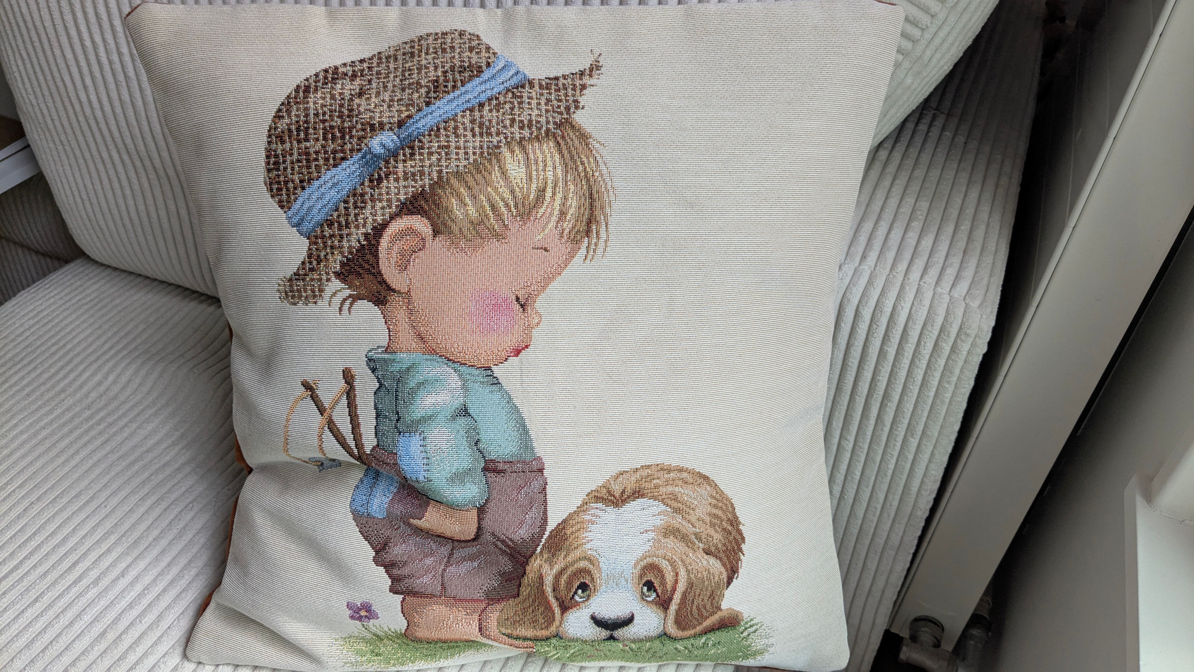 Petit Garçon et son chien 45x45 cm  - Housse Faite Main