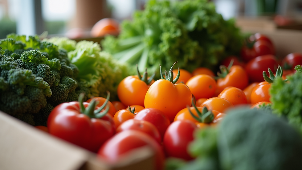 Eye-level view of fresh vegetables stacked neatly in a delivery box