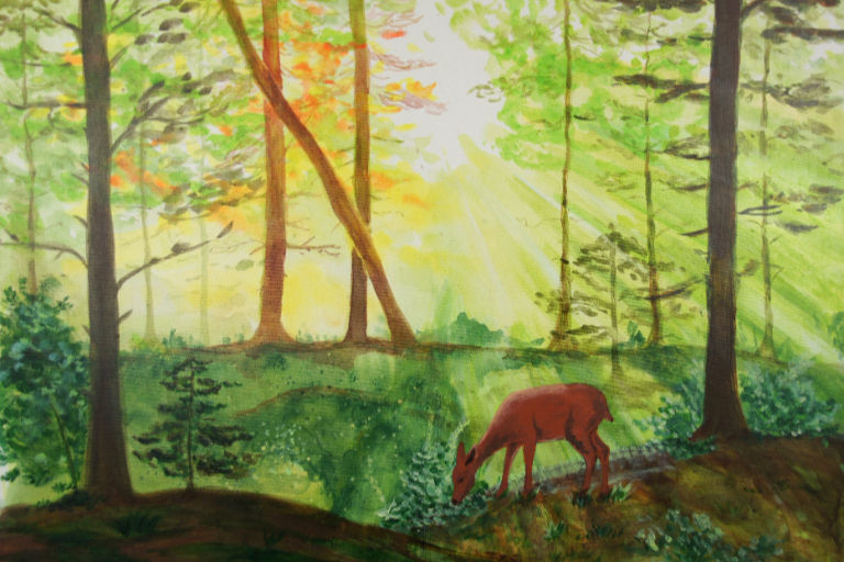 Gemälde eines Rehs in einem sonnigen Wald mit grünen und orangefarbenen Bäumen.