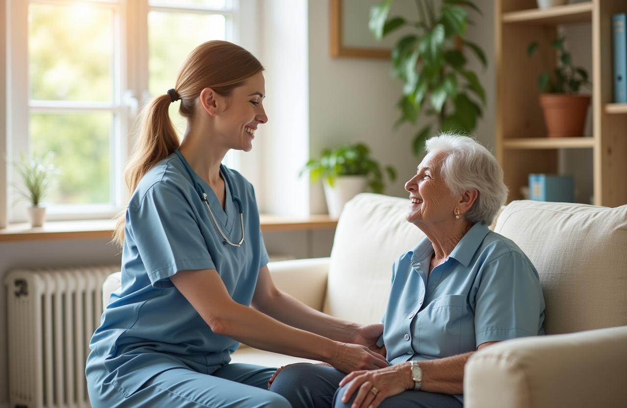 Professional caregiver assisting elderly person in bright, welcoming home environment