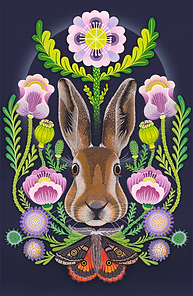 Hand-drawn, spring, summer, decorative, woodland, hare, flowers, surface pattern
