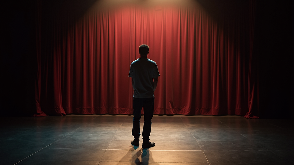Eye-level view of a theater stage with a single actor rehearsing