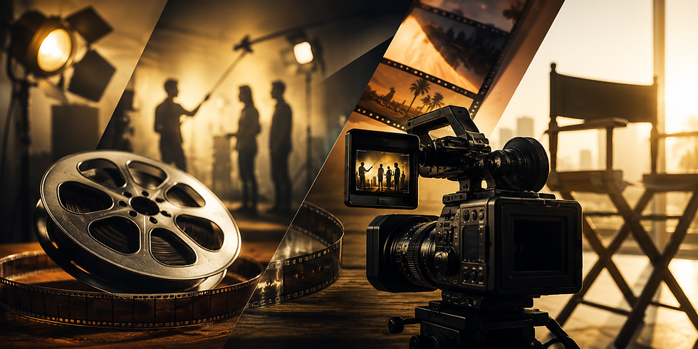Film reel and cinema camera in a warm studio with crew silhouettes, film strips, and a director’s chair.