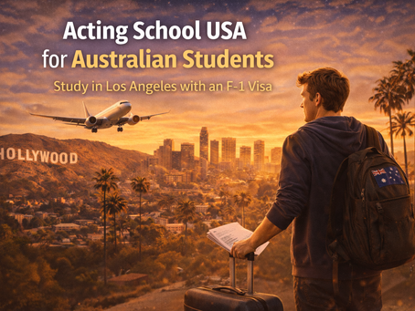 A young Australian actor arrives in Los Angeles with a backpack featuring the Australian flag, standing with a suitcase and script while looking toward the Hollywood sign and the city skyline as a plane lands overhead at sunset.