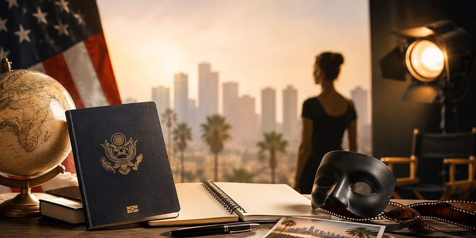 Desk with globe, U.S. flag, passport, notebook, mask and film strip; woman gazes at sunlit city skyline at sunset.