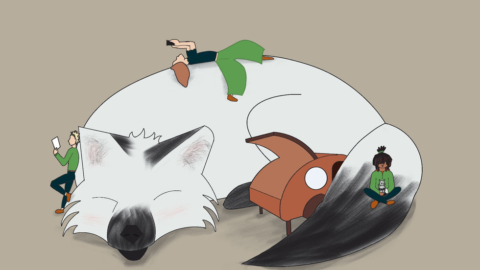 An illustration of a big snow fox sleeping with people around it.