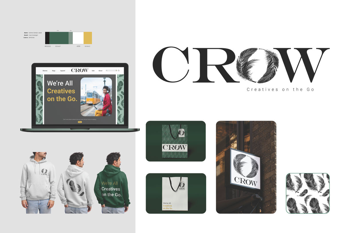 Presentation board with the CROW logo, color palette, and mockups of the website homepage, shopping bags, storefront signage, pattern swatch, and hoodie designs.
