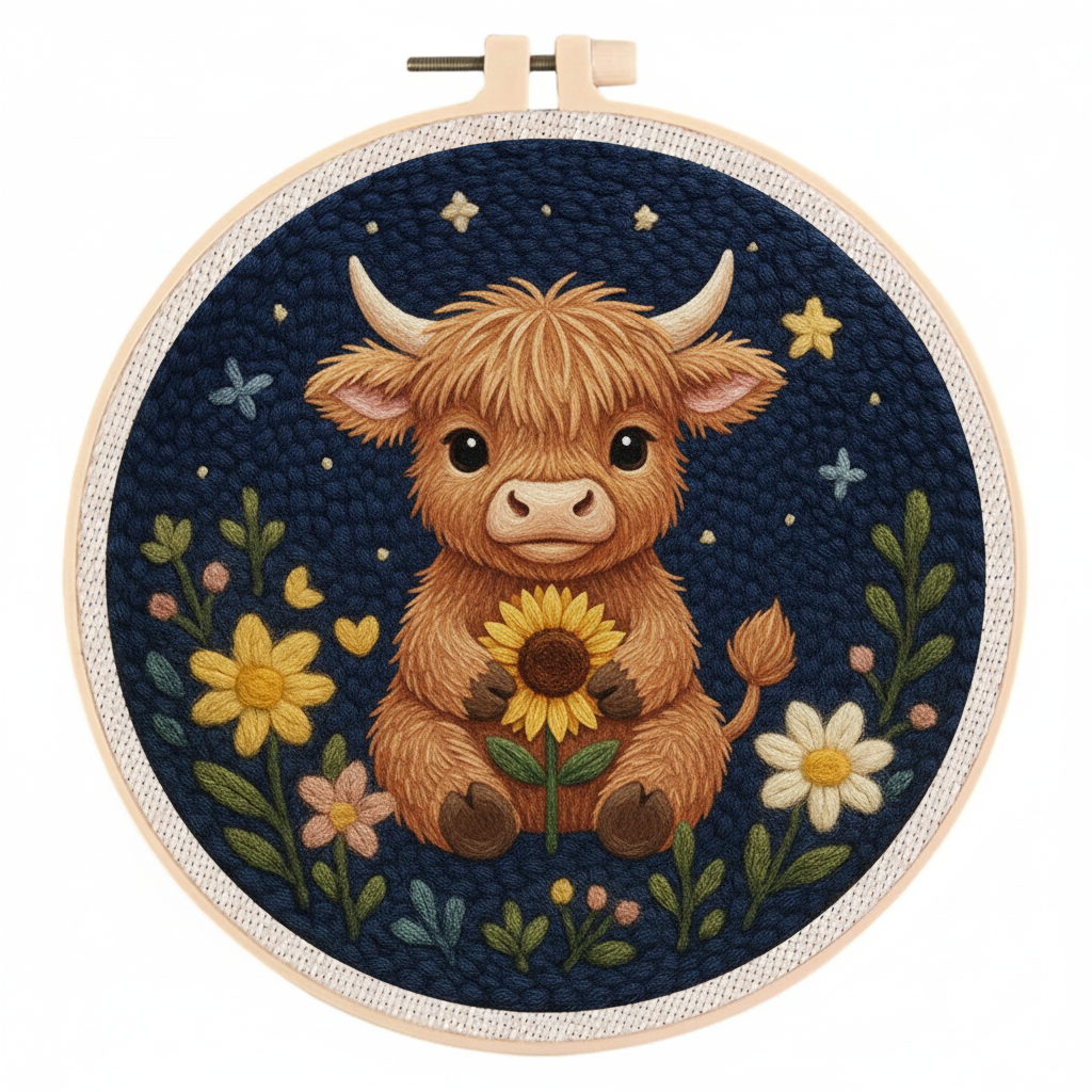 DIY Punch Needle Kits for Beginners Cute Highland Cow with Flowers