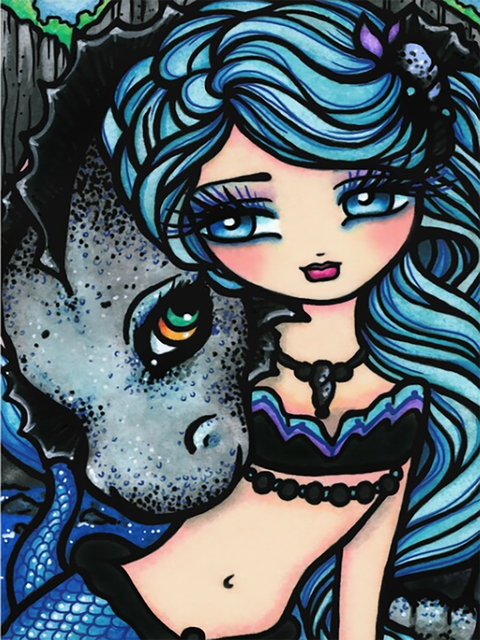 5D Cartoon: Blue Haired Girl With Dragon on Velvet Canvas