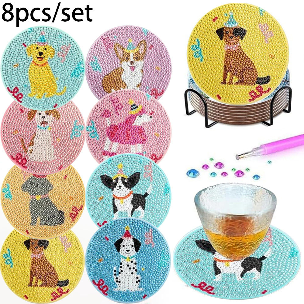8 Diamond Art Painting Coasters with Brackets, DIY Dream Cat Diamond Art Coaster