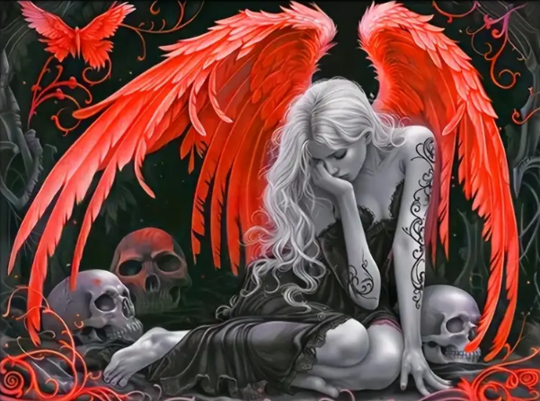 A Fallen Angel 5D Diamond Painting Kit with Red Wings and Skull