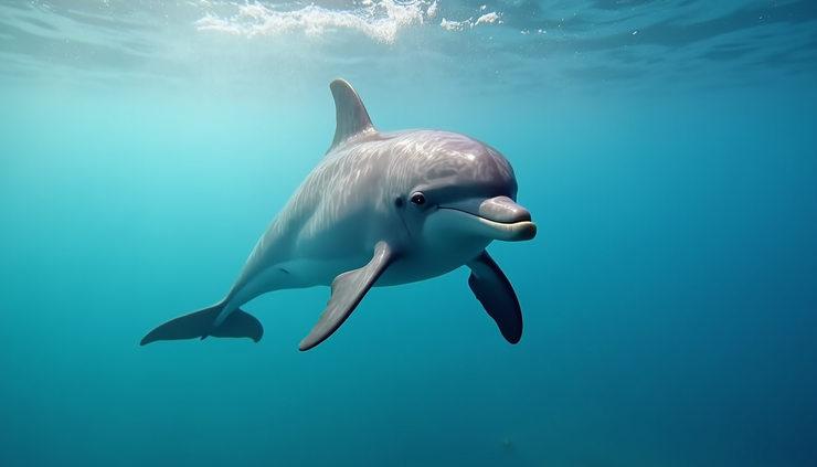 Eye-level view of a dolphin swimming near the ocean surface