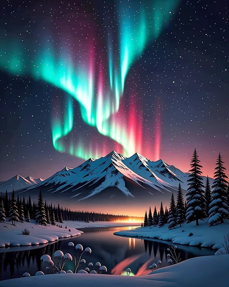 Paint By Number Adult Kit: Aurora Borealis, Mountains and River Scene