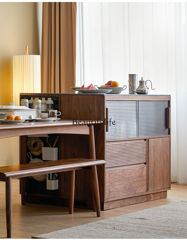 Must-Have Discounts /Solid Wood Kitchen Island Cuisine Black Walnut Stone Plate Kitchen Living Room Storage Sideboard Cabinet Zhongdao