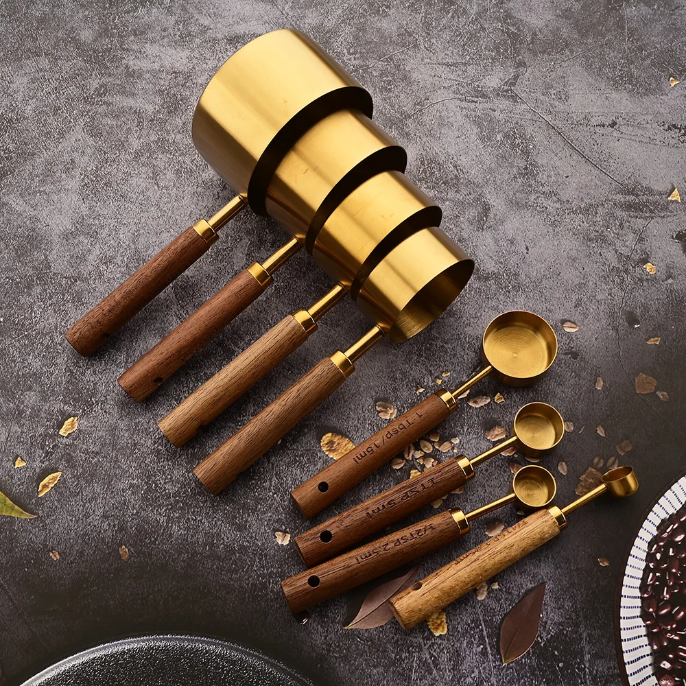 Act Now! 1/4/8Pcs Gold Wooden Handle Stainless Steel Measuring Cups Spoons Baking Tools Coffee Bartending Scale Kitchen Accessories Set