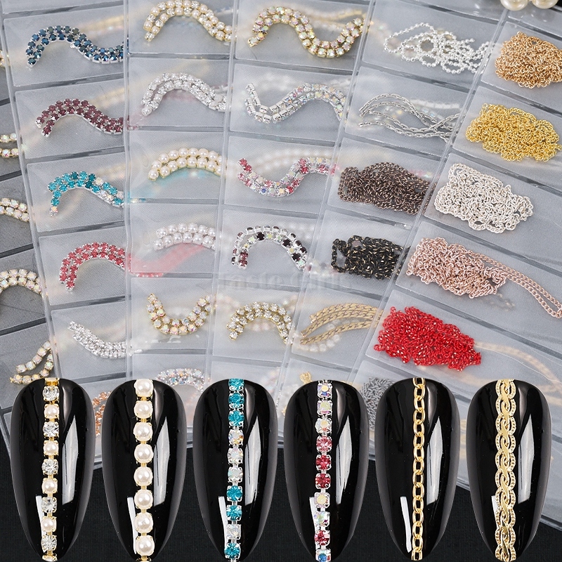 Final Hours to Save! 1 Pack 6 Grids 3D Pearl Claw Chain Various Metal Ring Buckles Chains Alloy Nail Art Rhinestone Decorations Manicure Ornaments