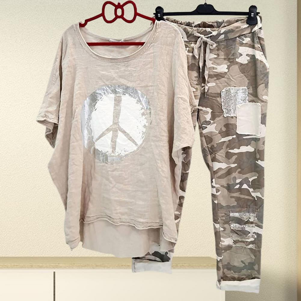  Don’t Pay Full Price 1 Set T-shirt Pants Sets Women Tracksuit Camouflage Irregular Hem Drawstring Summer Women Outfit Sets ensemble femme 2 pièces