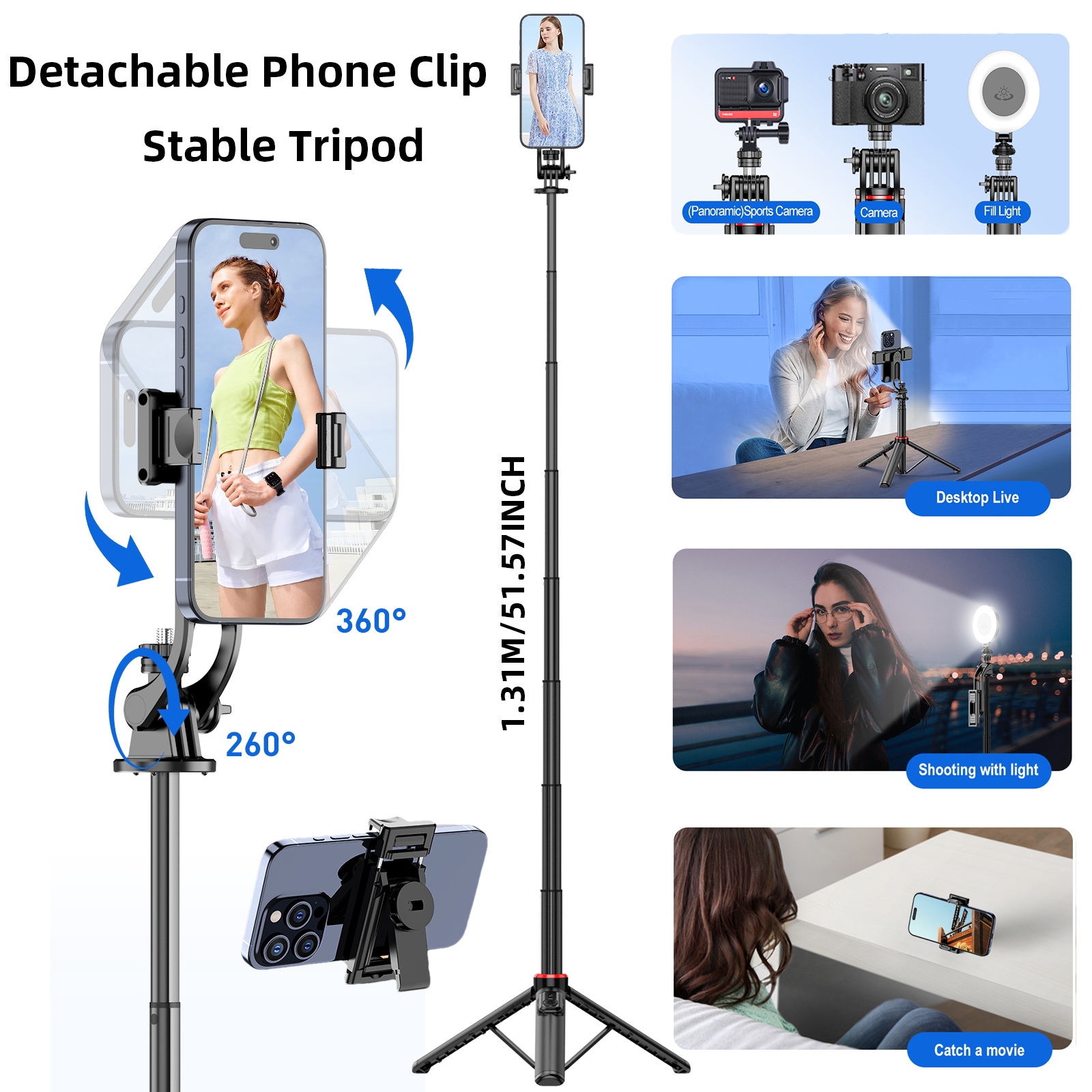  Grab Your Faves! 1.31M Wireless Selfie Stick Tripod with Remote Control Fill Light Detachable Phone Clip 1/4 Standard Screw for Camera Smartphone