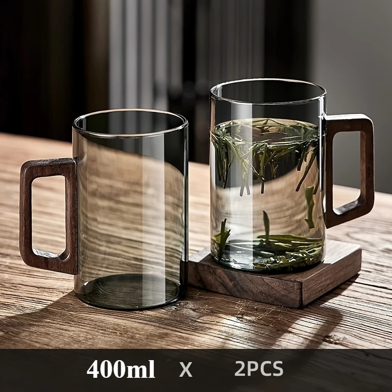  Don’t Miss These Prices! 1/2pcs 400ml Glass Cups with Walnut Handle Household Heat-resistant Mug Large Capacity Tea Making Cup Office Drinking Glasses