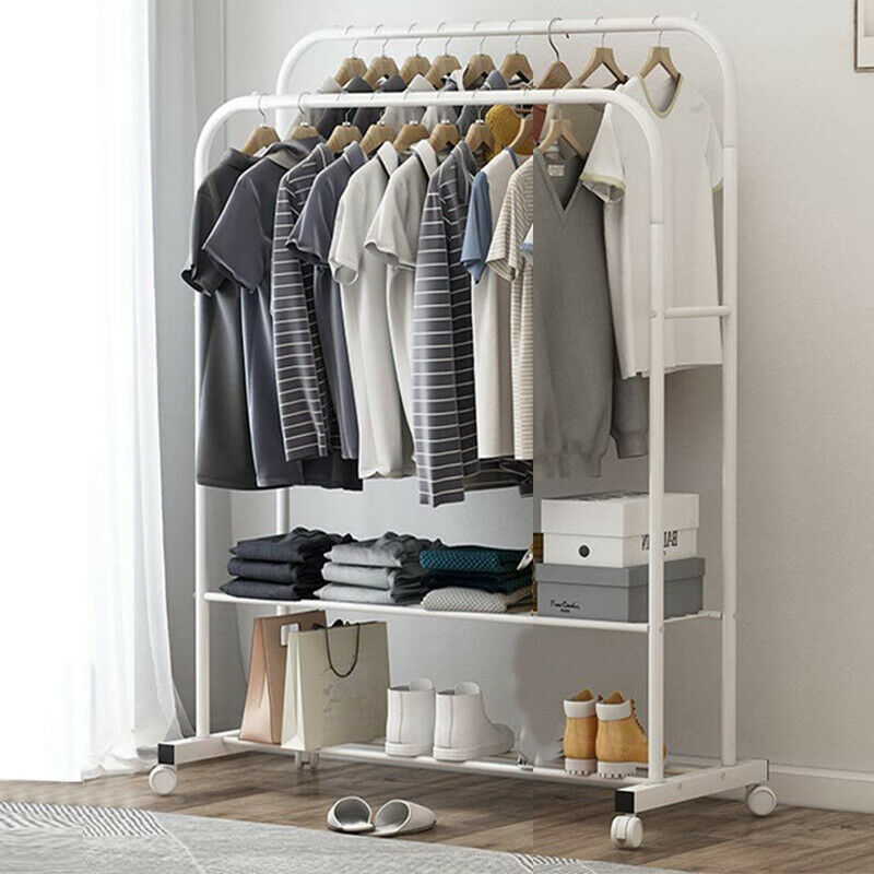 Steals & Deals 1.5m Large Clothes Rack Double Rail Rolling Stand Shoes Rack Storage Shelf White