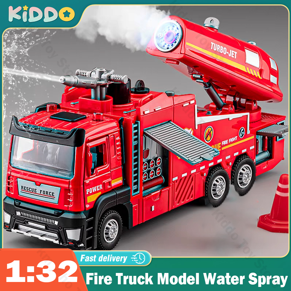 Act Fast! 1/32 Fire Truck Model Toy Car Die-cast Metal Light Sound Simulation Water Spray Rescue Vehicle Pull-Back Car Models Christmas