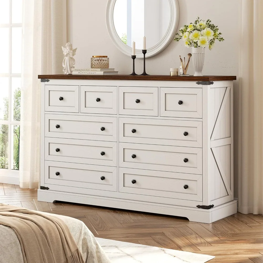 Best Offers 10 Drawer Dresser for Bedroom, Wood Dressers & Chest of Drawers for Bedroom, Hallway, Antique White,15" D x 55" W x 35.6" H