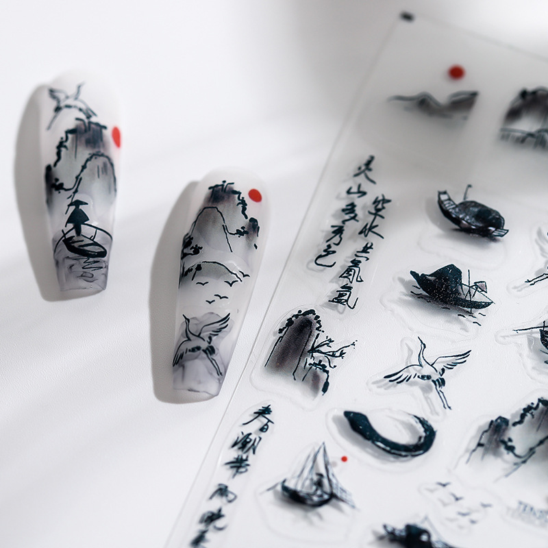  Your Dream Deals 1 Sheet 5D Realistic Ink Chinese Landscape Painting Skiff Fishman Crane Sunset Adhesive Nail Art Stickers Decals Manicure Charms