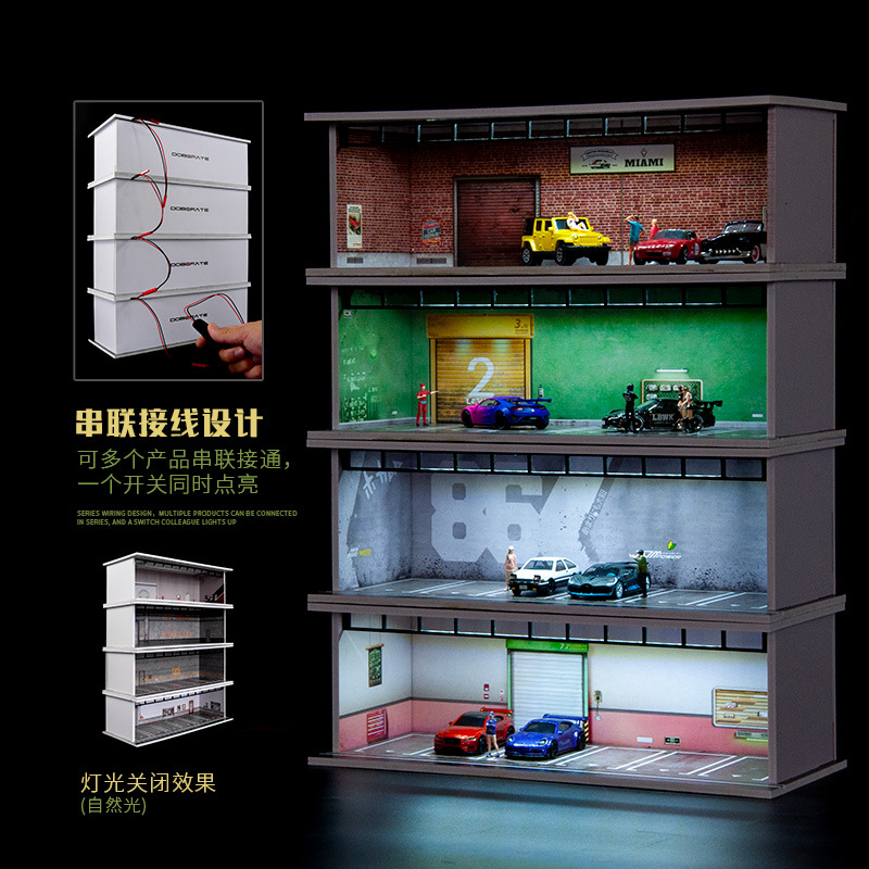 Act Now! 1/64 Scale Diorama Car Garage Model Scene Model LED Lighting Car Parking Lot Display Cabinet Toy Collection Gifts
