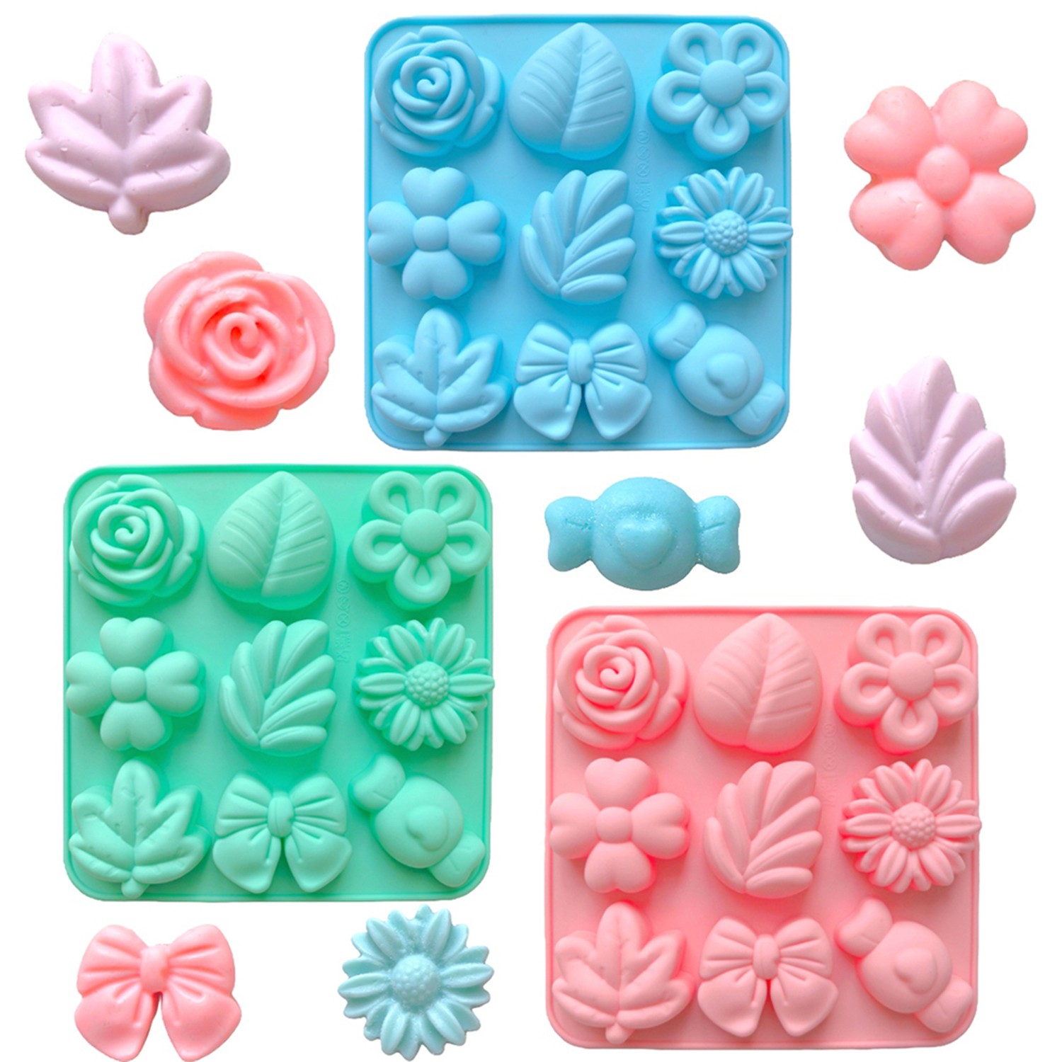 Hottest Sales 1/3pcs 9-cavity Flower shape Silicone Candy Molds Daisy Flower Chocolate Molds Tulip Flower Bow Tie Leaf Molds For Jelly Pudding