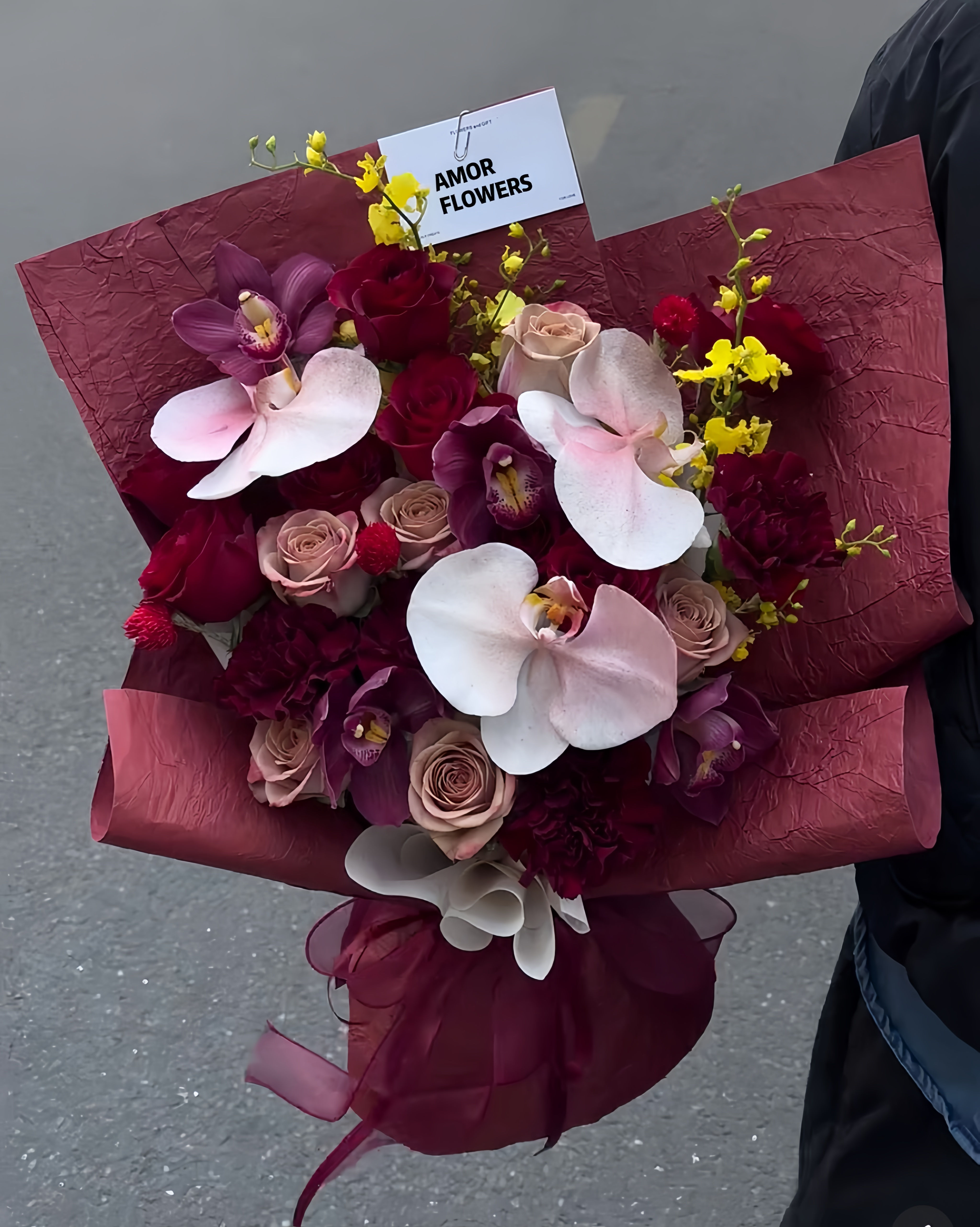 Crimson Whisper|Orchid & Rose mixed bouquet