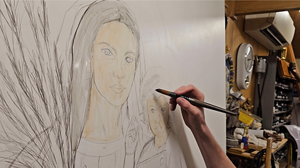In studio process photo painting Our Lady of the Prairie, Catholic church art commission in progress at The Studio of Saint 