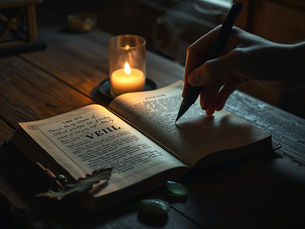 Inscribing the Veil: A hand writing in an ancient book by candlelight on a rustic wooden desk.